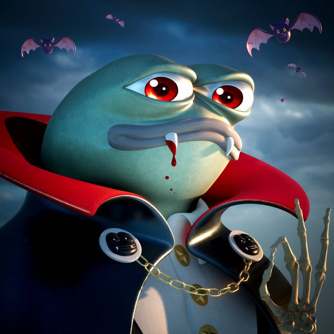 A dramatic 3D digital artwork of a Pepe-like character dressed as a vampire with a red cape, fangs dripping blood, a skeleton hand, and bats flying in the dark, cloudy background.