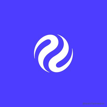 A white swirling logo on a solid purple background.