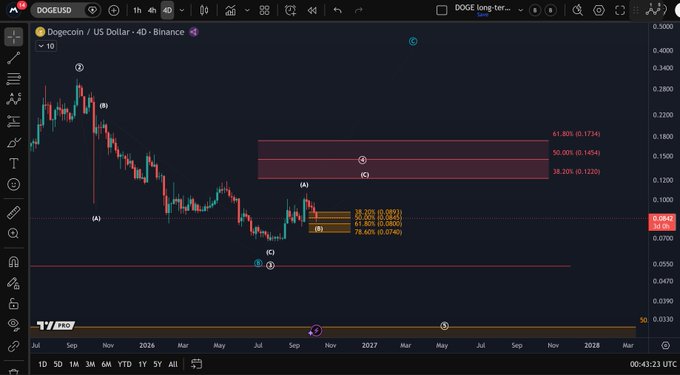 A TradingView chart of Dogecoin (DOGE/USD) on the Binance 4-hour timeframe displays Elliott Wave analysis with multiple price projections, Fibonacci levels (38.20%-61.80%), and key support marked at $0.074, directly illustrating the post's call for a wider wave 4 bounce holding that support level.