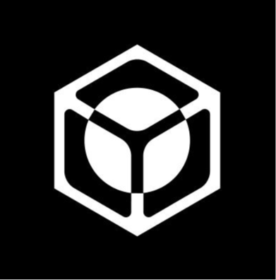 A white geometric logo featuring a hexagonal shape with a circular center on a black background.