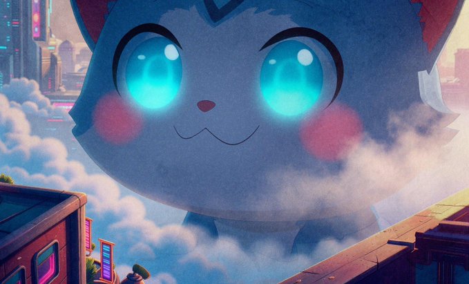 Animated image of a giant, cute blue and white cat-like creature with glowing cyan eyes floating above clouds in a futuristic cityscape.