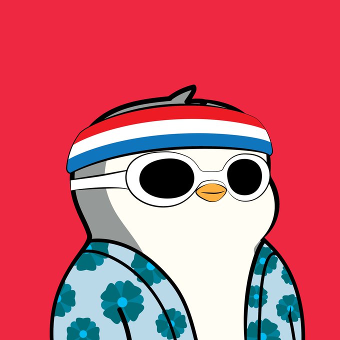 A cartoon penguin wearing round sunglasses and a red, white, and blue headband is dressed in a blue floral Hawaiian shirt against a red background.