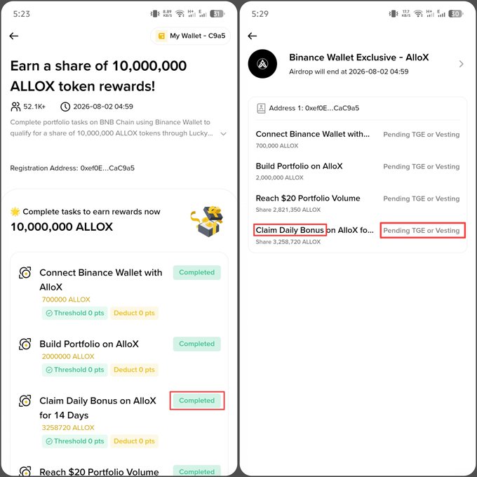 The image shows a side-by-side comparison of two Binance Wallet airdrop screens for the 10,000,000 ALLOX token rewards campaign, highlighting that the "Claim Daily Bonus on AlloX for 14 Days" task (worth 3,258,720 ALLOX) is marked as "Completed" on the left and shows "Pending TGE or Vesting" status on the right. This visually confirms that completing the 14-day check-in task qualifies the user for the airdrop, matching the post's guidance on verifying eligibility.