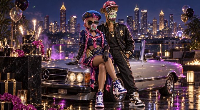 A stylized photo of two figures in edgy, colorful outfits with masks and chains, posing on a vintage Mercedes-Benz convertible against a vibrant city skyline at night.