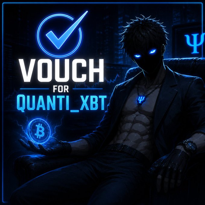A digital illustration with a neon blue and black aesthetic showing an anime-style character with glowing blue eyes, featuring text 'VOUCH FOR QUANTI_XBT' alongside a Bitcoin logo.