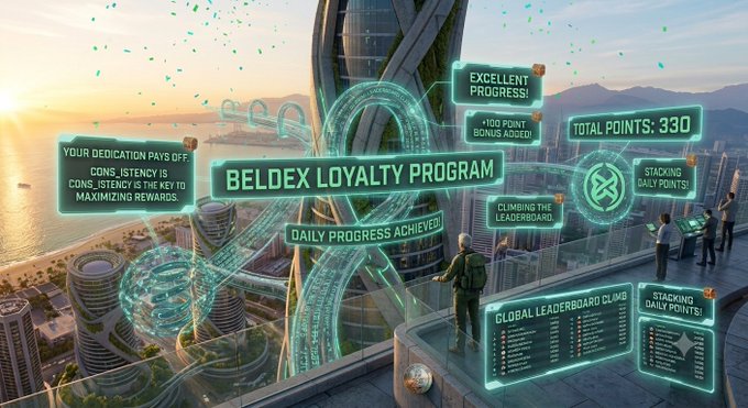 A futuristic loyalty program interface titled 'BELDEX LOYALTY PROGRAM' showing 'EXCELLENT PROGRESS!', 'TOTAL POINTS: 330', 'DAILY PROGRESS ACHIEVED', '+100 POINT BONUS ADDED!', 'CLIMBING THE LEADERBOARD!', 'STACKING DAILY POINTS!', and a 'GLOBAL LEADERBOARD CLIMB' panel, with a message 'YOUR DEDICATION PAYS OFF, CONSISTENCY IS THE KEY TO MAXIMIZING REWARDS'.