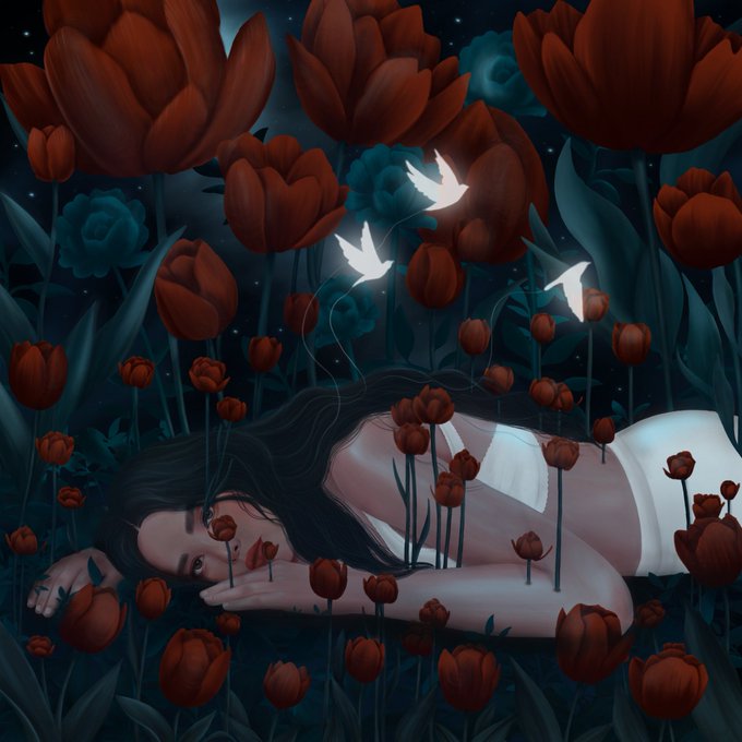 A digital illustration depicts a woman lying among red tulips with glowing white doves flying above her in a dark, starry setting.