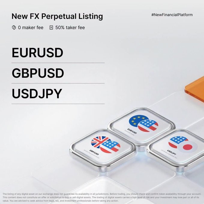 A promotional graphic titled 'New FX Perpetual Listing' advertising 0 maker fee and 50% taker fee, featuring icons for EURUSD, GBPUSD, and USDJPY.