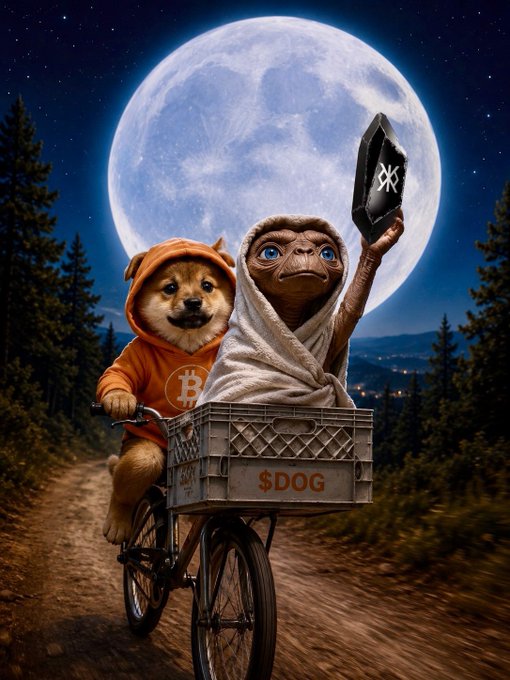 A whimsical illustration shows a Shiba Inu dog wearing a Bitcoin hoodie riding a bicycle with a crate labeled '$DOG', while an ET-style character wrapped in a towel holds up a black cryptocurrency token against a large full moon backdrop.