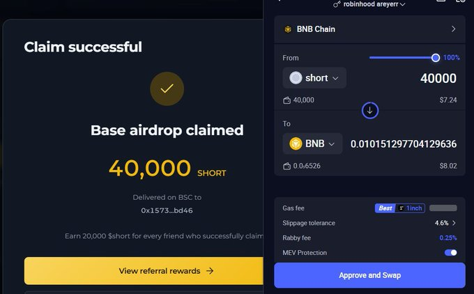 A screenshot showing a successful claim of 40,000 SHORT tokens as a Base airdrop on BSC, alongside a BNB Chain token swap interface on Robinhood Wallet converting 40,000 SHORT to 0.01015 BNB.