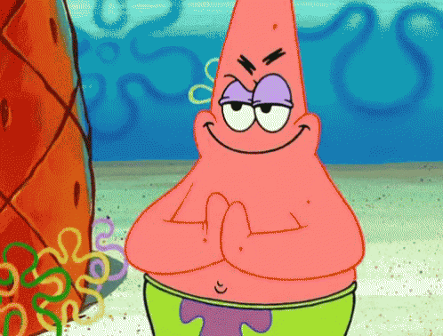 Patrick Star from SpongeBob SquarePants stands with his arms crossed, smiling smugly underwater near a pineapple house.