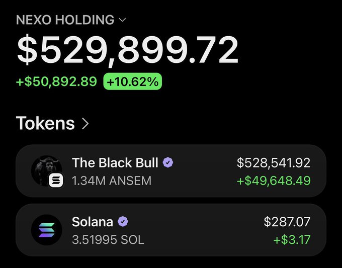 A crypto portfolio screenshot showing $529,899.72 in Nexo holdings, with the majority ($528,541.92) in 1.34M ANSEM tokens (up $49,648.49) and $287.07 in 3.52 SOL, illustrating the poster's claim of being up over $50,000 on the $ANSEM token while soliciting Solana addresses for airdrops.