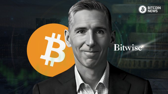A black-and-white portrait of a smiling man is displayed alongside the Bitwise logo and an orange Bitcoin symbol, with the Bitcoin News logo in the top right corner. The image visually represents the Bitwise Bitcoin commentary about Bitcoin's historical movement with 10-year Treasury yields and its 22.4% weekly gain following the Treasury's August 19 buyback announcement.