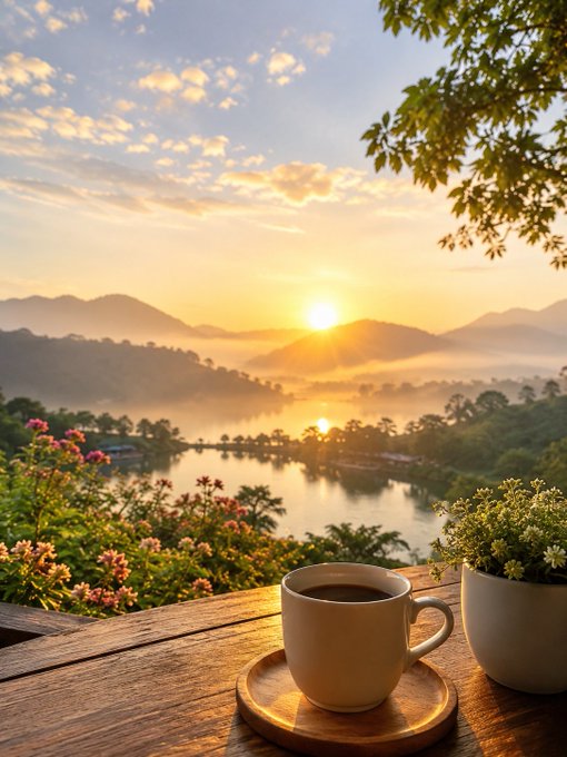 A scenic sunrise view over a misty lake surrounded by mountains, with a cup of coffee on a wooden table in the foreground alongside flowers and a potted plant.
