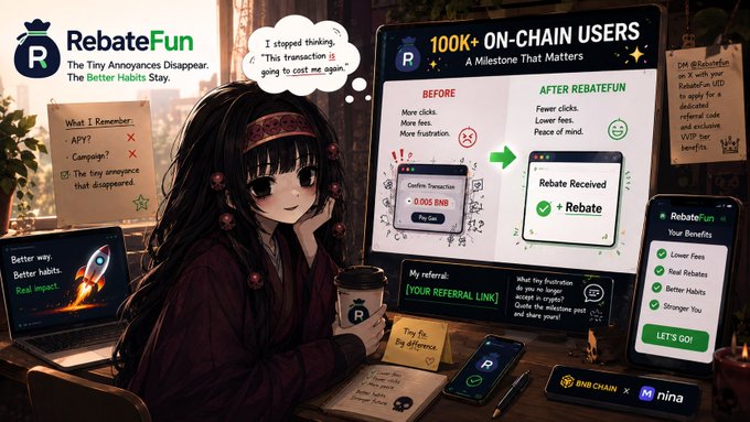 An anime-style illustration advertises "RebateFun" ("The Tiny Annoyances Disappear, The Better Habits Stay") with an "100K+ ON-CHAIN USERS" milestone, showing a girl thinking "I stopped thinking. This transaction is going to cost me again" alongside before/after rebate benefits and a referral link.