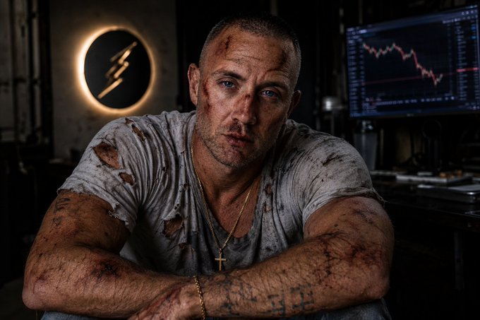 A battered, bloodied man with a torn shirt, cross necklace, and bruises sits with a steely gaze in a dimly lit room featuring a falling red crypto chart on a monitor in the background. The image humorously reinforces the post's message of ruggedly "holding the line" through a brutal downturn, showing someone beaten down but still calm and confident that the bull market is coming.