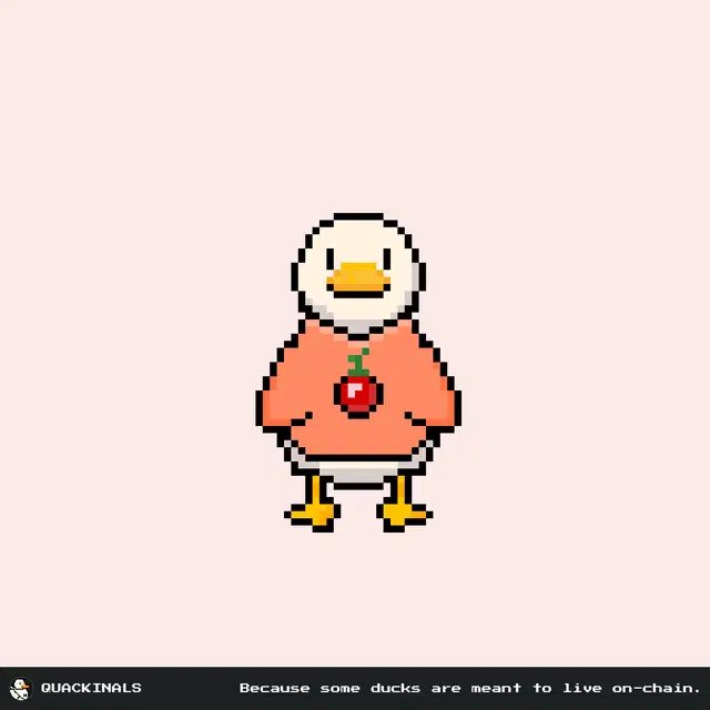 A pixel art character of a white duck wearing an orange shirt with a cherry design, from Quackinals with the tagline 'Because some ducks are meant to live on-chain.'
