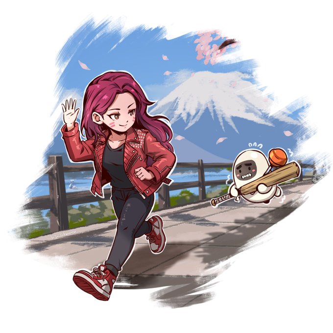 A red-haired anime character in a red jacket waves cheerfully while jogging, accompanied by a small white mascot carrying a wooden bat. Mount Fuji and falling cherry blossoms frame the scenic background, complementing the post's message about finding motivation to start jogging.