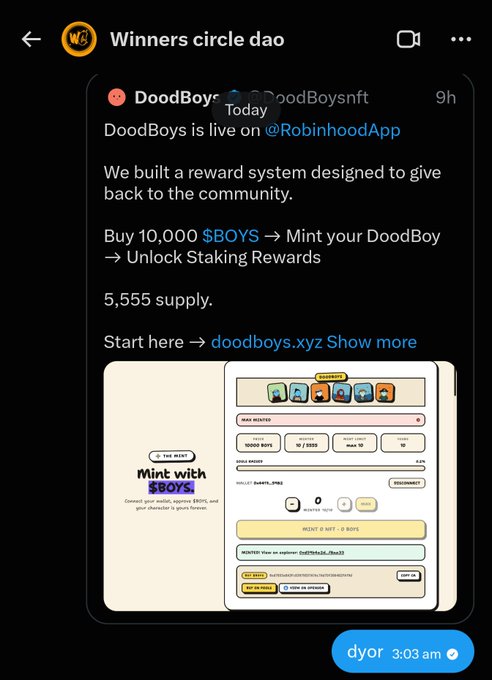 Twitter post from DoodBoys (@GoodBoysnft) on the Winners circle dao account announcing they are live on @RobinhoodApp, featuring a reward system with $BOYS tokens for buying 10,000 tokens to mint a DoodBoy and unlock staking rewards, with a 5,555 supply.