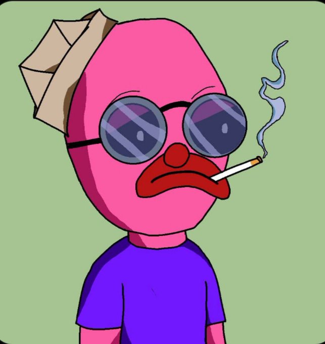 A cartoon illustration of a pink character wearing a paper hat, round sunglasses, and a purple shirt, smoking a cigarette with a grumpy expression against a light green background.