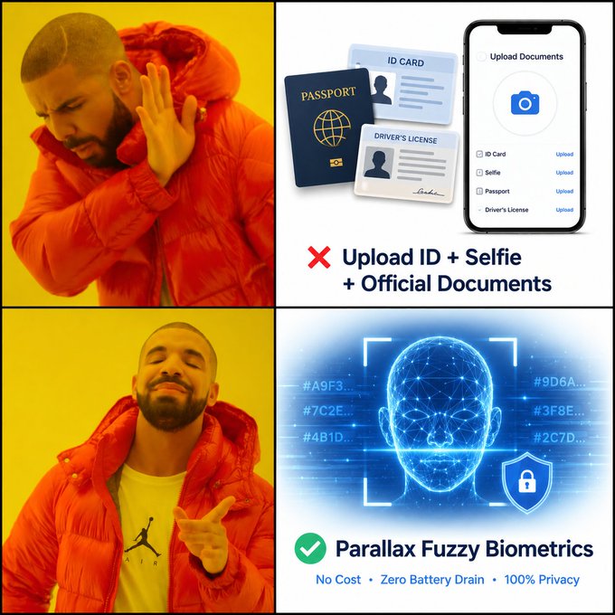 A four-panel meme uses the Drake format to reject uploading IDs and selfies, instead approving 'Parallax Fuzzy Biometrics' which boasts 'No Cost', 'Zero Battery Drain', and '100% Privacy'.