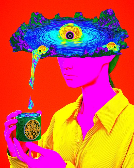 A vibrant surreal digital illustration of a person with a magenta face wearing a yellow shirt, holding a cup while a cosmic, colorful landscape pours from their open mind.