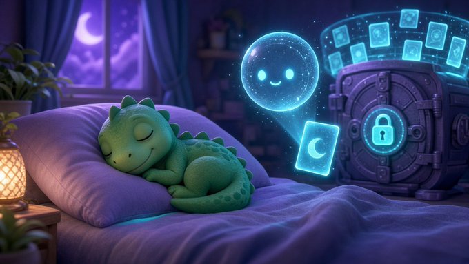 A cute green cartoon dinosaur sleeps on a pillow in a cozy bedroom at night, next to a glowing treasure chest emitting a smiling bubble and a moon icon.