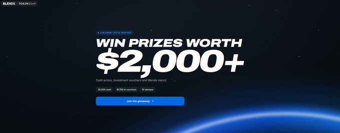 Promotional banner for 8lends.io featuring a TOKEN2049 giveaway with prizes worth $2,000+, including $1,000 cash, $1,200 in investment vouchers, and merchandise for 10 winners, with a "Join the giveaway" call-to-action button against a dark space-themed background.
