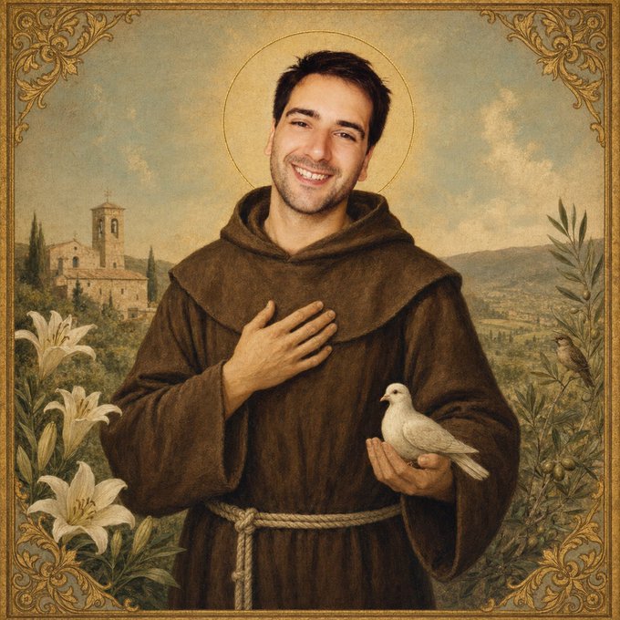 A smiling young man dressed in a brown friar's habit with a rope belt holds a white dove, depicted as a saint with a golden halo, set against a pastoral backdrop featuring a chapel and lilies—evoking traditional Franciscan iconography of St. Francis of Assisi. The image humorously canonizes the user as a "saint" who has answered prayers by removing Codex's 5-hour limits, with the dove symbolizing the delivery of peace (and tokens) to those awaiting the Jalapeño and Vera Rubin releases.