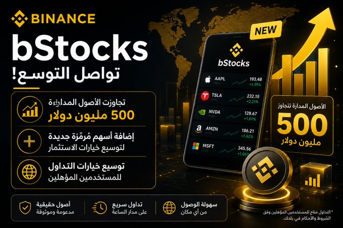 A Binance promotional graphic in Arabic and English for 'bStocks' featuring a smartphone displaying stock tickers like AAPL, TSLA, NVDA, AMZN, and MSFT, highlighting '500 مليون دولار' (500 million dollars) in available assets.