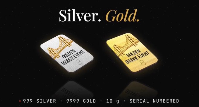 A promotional image displays two numbered commemorative tokens labeled "Golden Bridge Event" — one in silver (.999) and one in gold (.9999), each 10 grams — set against a black background with "Silver. Gold." as the headline, illustrating the precious metal collectibles tied to the Sl8 Golden Bridge staking program offering up to 52.6% APY.