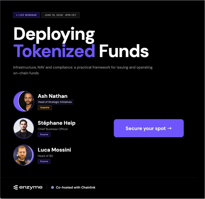 The image is a screenshot of a website called "enzyme" featuring a button, possibly for participating in a live webinar about tokenized funds. In the top right corner, there is text that says "Living Webinar June 10: 14:00 - 4:00 ET". Below this information, there are three circles containing names and positions of people who will be discussing the topic during the webinar. The main focus on the image is the "Live" button located in the bottom right corner, inviting viewers to join the discussion or learn more about tokenized funds.