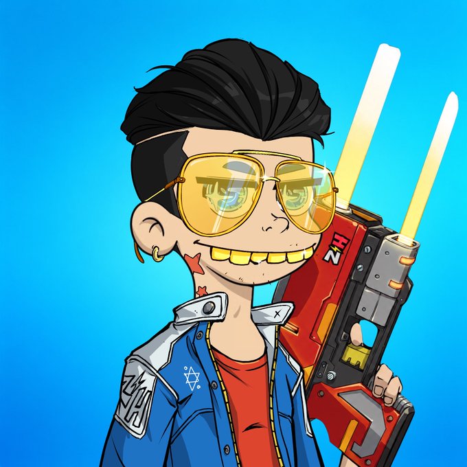 A cartoon illustration of a character with yellow aviator sunglasses, gold teeth, and a Star of David necklace, holding a red and orange futuristic gun with two glowing blades.