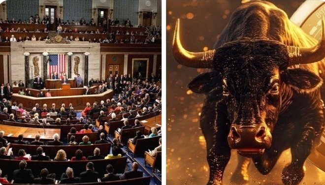The image shows a divided scene: on the left, a congressional hearing signifies the advancement of the CLARITY Act and potential U.S. crypto regulation, while on the right, a powerful bull and a Bitcoin symbol suggest a potential surge in the cryptocurrency market.