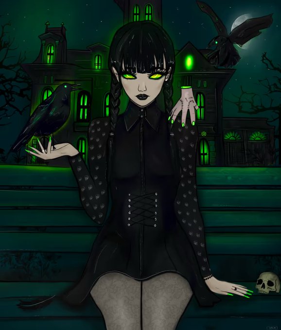 A gothic-styled digital illustration features a green-eyed girl with black braids in a dark dress sitting on a bench, accompanied by a raven, a severed stitched hand, and a raven-moth, with a haunted green-lit mansion in the background—capturing the spooky Wednesday Addams aesthetic that matches the post's "Wednesday vibes" theme.