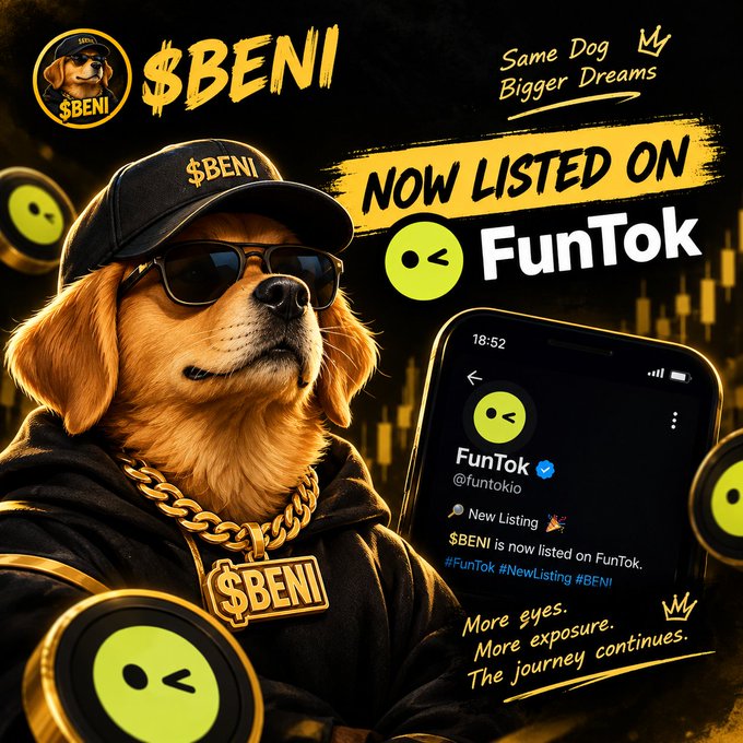 Promotional graphic announcing the $BENI meme coin is 'NOW LISTED ON FunTok', featuring a golden retriever in sunglasses, a gold '$BENI' chain, and the tagline 'Same Dog Bigger Dreams'.
