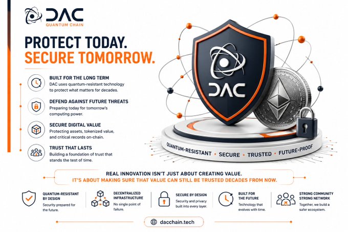 A DAC Quantum Chain promotional graphic with the tagline 'PROTECT CHAIN TODAY. SECURE TOMORROW.' highlighting features like quantum resistance, defense against future threats, secure digital value, and trust that lasts, with the website dacchain.tech.