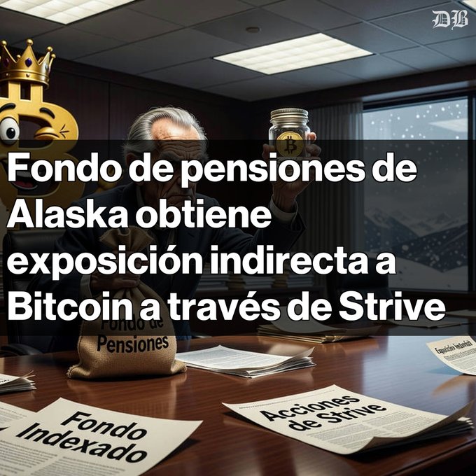 An illustrated graphic with the text 'Fondo de pensiones de Alaska obtiene exposición indirecta a Bitcoin a través de Strive' shows an elderly man holding a jar with a Bitcoin symbol, with papers labeled 'Fondo Indexado' and 'Acciones de Strive' on a desk.