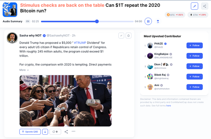 A Crypto Twitter post by @SashawhyNOT highlights a proposed "$TRUMP Dividend" of $5,000 per U.S. adult—potentially exceeding $1 trillion—and draws comparisons to the 2020 stimulus checks that preceded a major Bitcoin rally. The post features an audio summary, an image of Donald Trump handing out cash to supporters, and BTC and ETH ticker percentages (+1.82% and +1.39%).