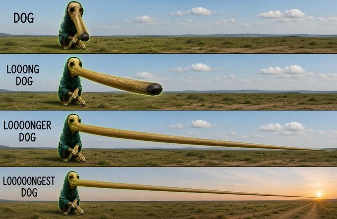 A four-panel meme shows a dog wearing a hood with progressively longer, comically elongated snouts labeled "DOG," "LOOOONG DOG," "LOOOONGER DOG," and "LOOOOOONGEST DOG," humorously illustrating the post's caption that "the looonger the better."