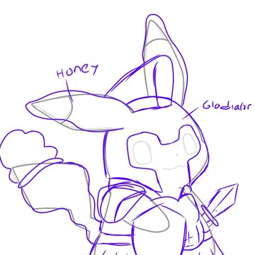 A purple sketch of a fox-like character wearing armor with handwritten labels 'HONEY' and 'Gladiator' pointing to its features.