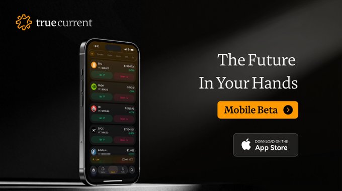 A promotional image for TrueCurrent's "The Future In Your Hands" mobile beta launch features a smartphone displaying a trading app interface with multiple asset listings including BTC, NOVA, Oil, SPCX, and Kaspa, alongside an App Store download button. The visual directly supports the post's announcement by showcasing how TrueCurrent consolidates diverse markets—crypto, stocks, commodities, and prediction markets—into a single sleek mobile platform.