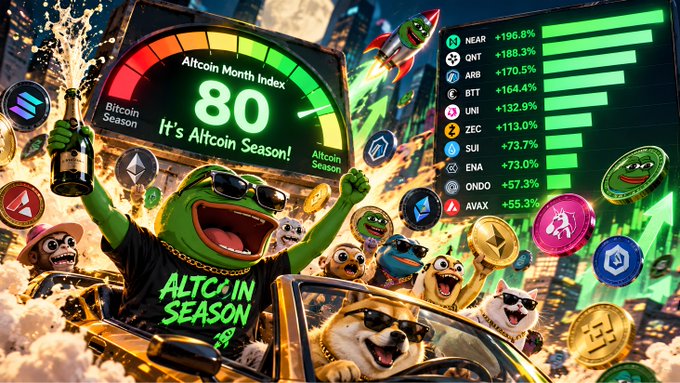 A colorful, cartoonish digital illustration celebrating 'Altcoin Season!' featuring a green frog mascot in sunglasses, a Bitcoin-themed gauge reading '80', various cryptocurrency coins, and percentage gains like '+196.6%' and '+188.3%'.