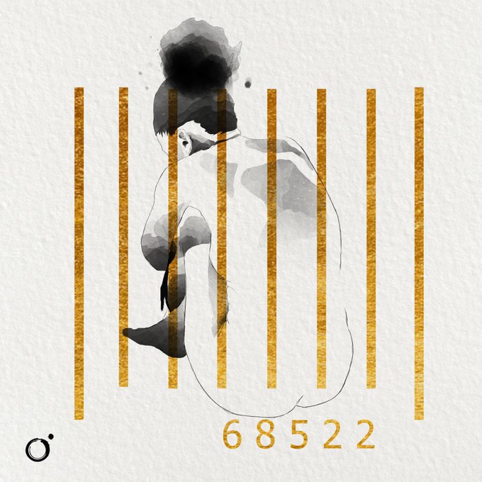 An artistic illustration of a nude figure curled up behind vertical gold bars, with a dark ink-blot shape obscuring the head and the numbers "68522" displayed in gold at the bottom.
