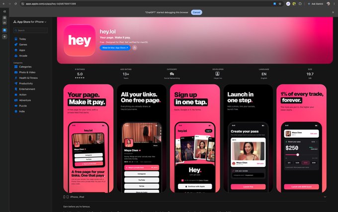 A screenshot of the Apple Search Ads interface displaying the app store listing for "hey.lol", a payment platform with the tagline "Your page. Make it pay." and various promotional screenshots of the iPhone app.