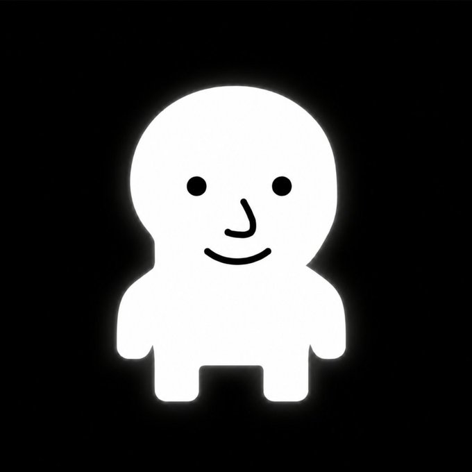A simple white cartoon character with dot eyes, a small nose, and a smiling mouth glows against a black background.