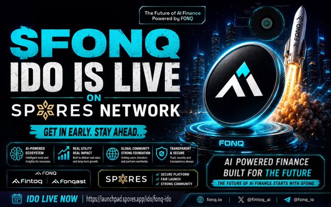 A promotional banner for '$FONQ IDO IS LIVE ON SPORES NETWORK' advertises 'The Future of AI Finance Powered by FONQ,' featuring rocket imagery and platform links including fintoq.ai.