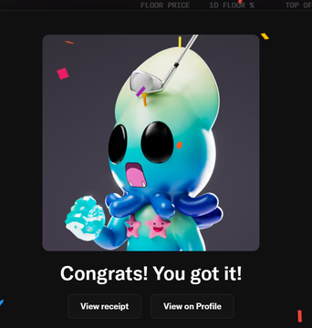 This image displays a webpage celebrating someone's success or achievement, with an illustration of an alien character as its central focus. The alien has a white head, blue body, purple tentacles, and is wearing a white hat with a yellow star on top. In addition to the illustration, there are text elements in the image that provide information about the website and the content featured within it. 

The webpage appears to be promoting a gaming app or a social media platform dedicated to video game enthusiasts, as indicated by its focus on video games. The post congratulates the person who achieved their goal and invites them to "View on Profile" for more details on how they can access the app.
