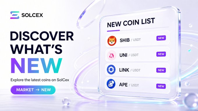 A promotional banner for SolCex highlighting "DISCOVER WHAT'S NEW" with a "NEW COIN LIST" panel featuring SHIB/USDT, UNI/USDT, LINK/USDT, and APE/USDT, each marked as new, along with a "MARKET → NEW" call-to-action button directing users to solcex.cc/en_US/market.
