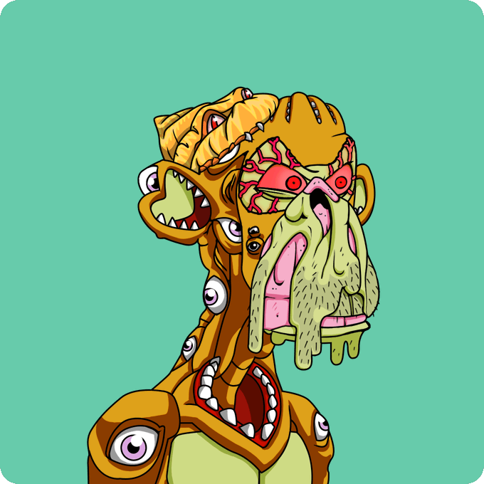 A grotesque, cartoon-style illustration of a mutant creature with multiple eyes, jagged teeth, and slime-dripping green skin against a teal background, fitting the "Mutant" NFT theme referenced in the post (token #19070 bought for 1.07 WETH on OpenSea). The unsettling, horror-inspired character design aligns with the "Return to Monke" mutant NFT collection mentioned in the accompanying text.